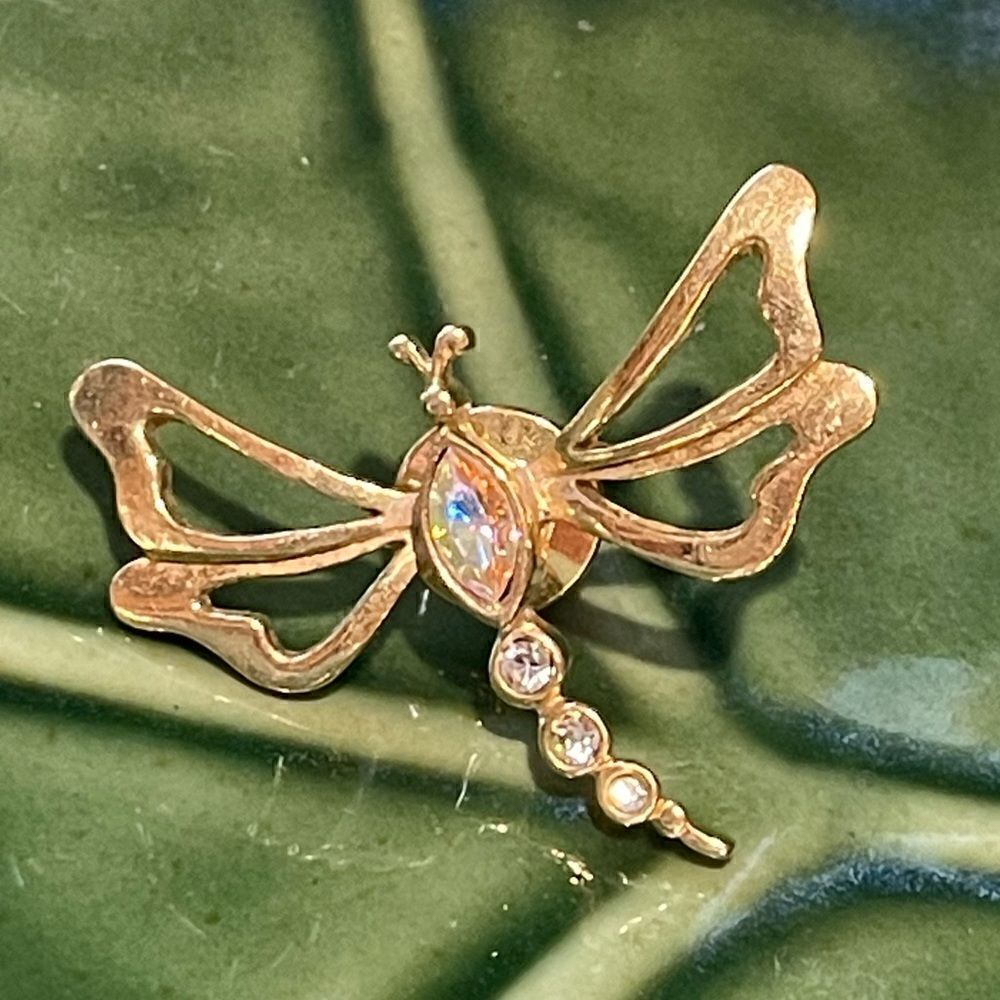 Vintage Gold Dragonfly Brooch Pin with Rhinestone